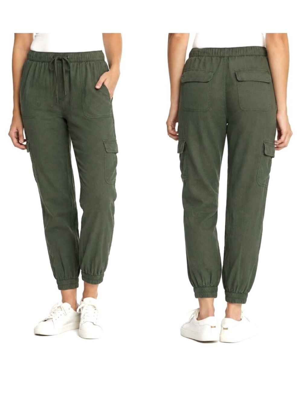 Olive Green Cargo Jogger Pants - Drawstring Waist